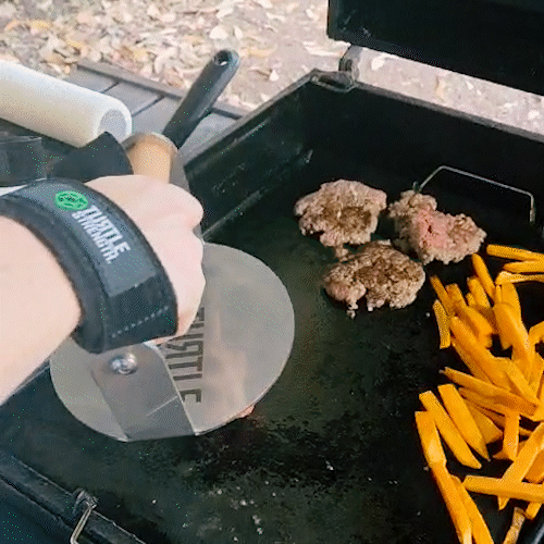 burger smasher smashing burgers with turtle strength lifting strap