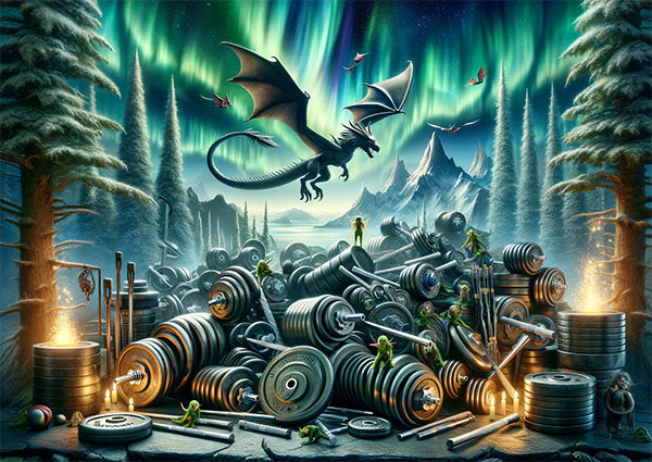 Barbells, plates and gym gear in a pile surrounded by a fantasy style background